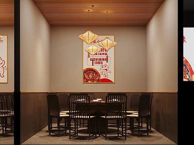 Traditional Chinese Restaurant Interior With Wooden Ceiling Lantern Lights Red Posters And Dining Furniture 3d model