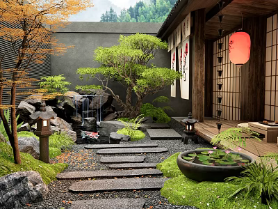Traditional Japanese Garden With Stone Steps Small Waterfall Red Lantern Wooden Sliding Doors And Moss 3d model
