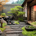 Traditional Japanese Garden With Stone Steps Small Waterfall Red Lantern Wooden Sliding Doors And Moss