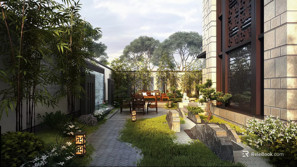 Chinese Style Garden Landscape With Stone Path Green Plants Water Feature And Wooden Furniture 3d model 