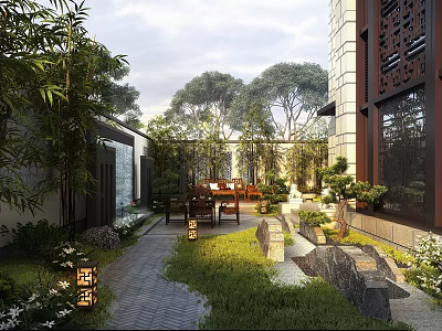 Chinese Style Garden Landscape With Stone Path Green Plants Water Feature And Wooden Furniture 3d model