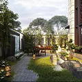 Chinese Style Garden Landscape With Stone Path Green Plants Water Feature And Wooden Furniture