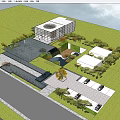 Modern Sales Office Building Design With Glass Curtain Wall Water Pool And Greenery Reflection 3d model