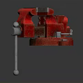 Two Black and Red Metal Bench Vices With Fixed Base Adjustable Jaws On Reflective Surface