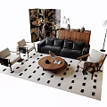 Modern Sofa and Coffee Table Set Featuring Chairs Floor Lamp Decorative Screen and Patterned Rug 3d model
