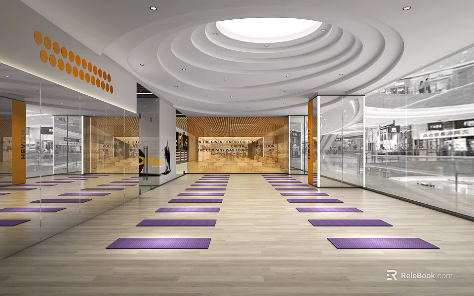 Spacious Fitness Studio with Yoga Mats Wooden Floors Glass Walls Ceiling Lights and Orange Decorations 3d model 