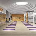 Spacious Fitness Studio with Yoga Mats Wooden Floors Glass Walls Ceiling Lights and Orange Decorations