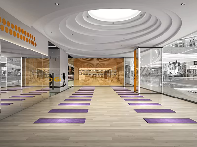 Spacious Fitness Studio with Yoga Mats Wooden Floors Glass Walls Ceiling Lights and Orange Decorations 3d model