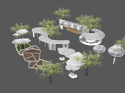 Pergola Design With Circular Seating Areas White Structure And Green Trees 3d model