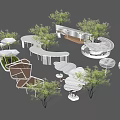 Pergola Design With Circular Seating Areas White Structure And Green Trees