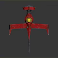 Red Mechanical Device Featuring Yellow Components Wing Like Structures And Long Rod On Black Background 3d model