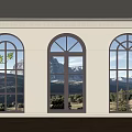 Spacious Room With Three Arched Windows Mountain View Wooden Floor And Potted Plant