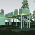 Outdoor Children's Playground With Slide Climbing Frame Green Lawn And Trees In Surrounding Area