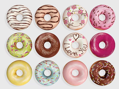Colorful Assorted Donuts With Striped Floral And Love Designs Topped With Frosting And Sprinkles 3d model