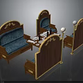 Vintage Wooden Carved Furniture Set With Blue Cushion Sofa Chairs And Table