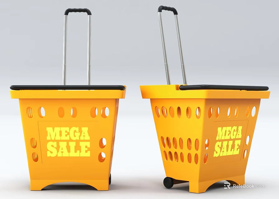 Yellow Shopping Baskets With MEGA SALE Print Handles And Wheels For Daily Supplies 3d model 