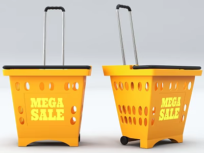 Yellow Shopping Baskets With MEGA SALE Print Handles And Wheels For Daily Supplies 3d model