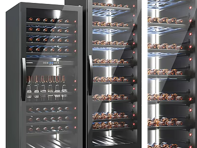 Three Wine Refrigerators With Glass Doors Multiple Shelves And Illuminated Wine Bottles 3d model