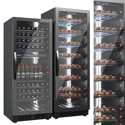 Three Wine Refrigerators With Glass Doors Multiple Shelves And Illuminated Wine Bottles 3d model