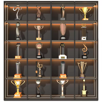 Collection Of Trophies And Medals On Display Shelves With Various Designs 3d model