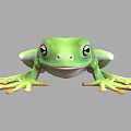 Realistic 3D Rendering of Green Frog with Yellow Toes and Black Eyes on Gray Background
