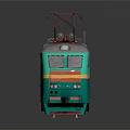 Green Electric Train Model with Yellow Stripes Red Pantograph and Dark Background Reflection