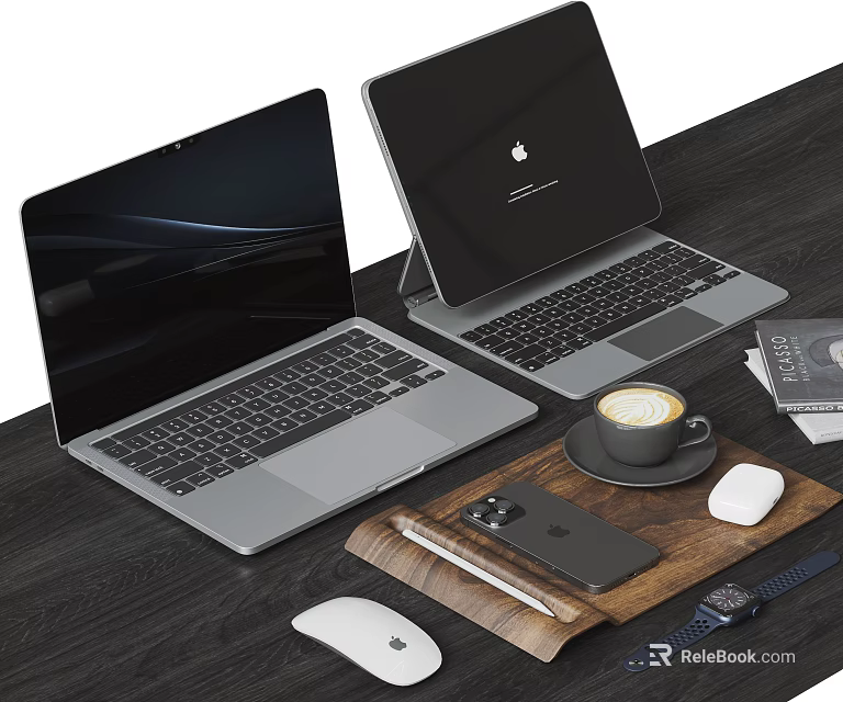 Modern Laptop Computers On Desk With Coffee Phone Mouse Pen And Watch 3d model 
