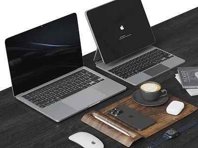 Modern Laptop Computers On Desk With Coffee Phone Mouse Pen And Watch 3d model