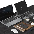 Modern Laptop Computers On Desk With Coffee Phone Mouse Pen And Watch