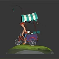 Cartoon Rickshaw Scene With Blue White Striped Canopy Rider Red Hat And Green Grass Base