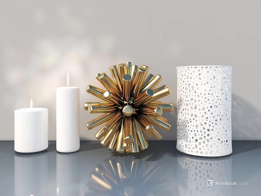 Modern Hinged Door Decor Scene With White Candles Gold Ornament And Gray Countertop 3d model 