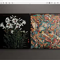 Modern Wall Art with White Lilies on Black Background and Colorful Abstract Design