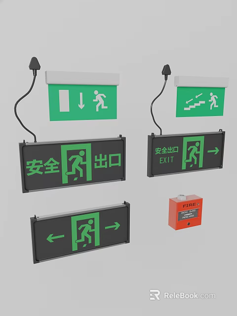 Fire Safety Equipment With Green Exit Signs Directional Arrows And Red Box 3d model 