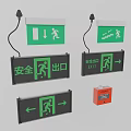 Fire Safety Equipment With Green Exit Signs Directional Arrows And Red Box