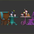 Colorful Furniture Set With Blue Pink Tables Chairs And Tea Dessert Items