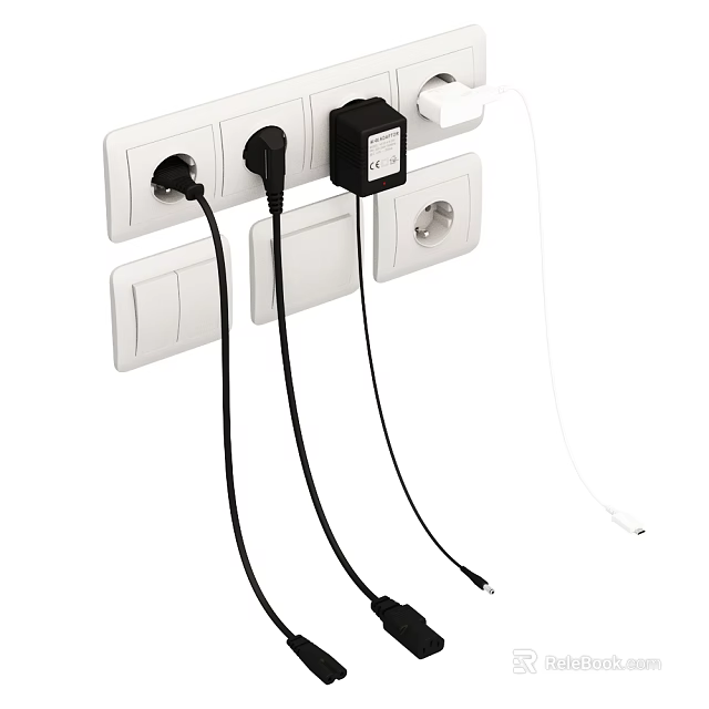 White Switch Panel With Integrated Sockets And Connected Cables Installed On Residential Wall 3d model 