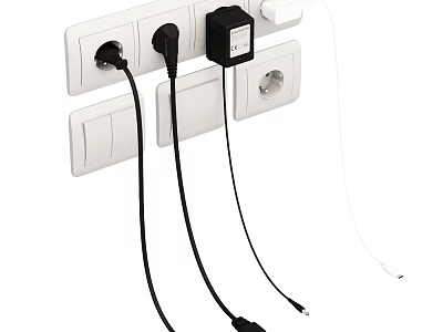 White Switch Panel With Integrated Sockets And Connected Cables Installed On Residential Wall 3d model