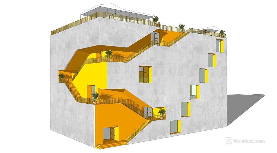 Modern Building Design With Gray Exterior Yellow Staircases Balconies Windows And Green Plants 3d model 