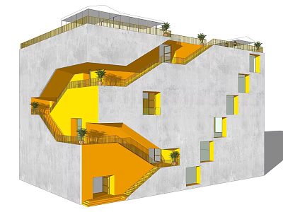 Modern Building Design With Gray Exterior Yellow Staircases Balconies Windows And Green Plants 3d model