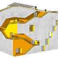 Modern Building Design With Gray Exterior Yellow Staircases Balconies Windows And Green Plants