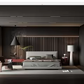 Modern Bedroom Interior With Wooden Wall Paneling Bed Floor Lamp And Rug