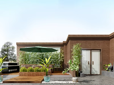 Outdoor Patio Design With Brown Building Wooden Deck Green Parasol And Potted Plants 3d model