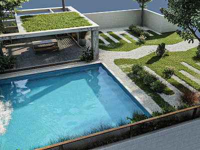 Modern Garden Landscape with Swimming Pool Lawn Stone Pathway and Lush Greenery 3d model