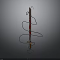 Decorative Sword With Red Stripes And Black Wires On Metal Stand