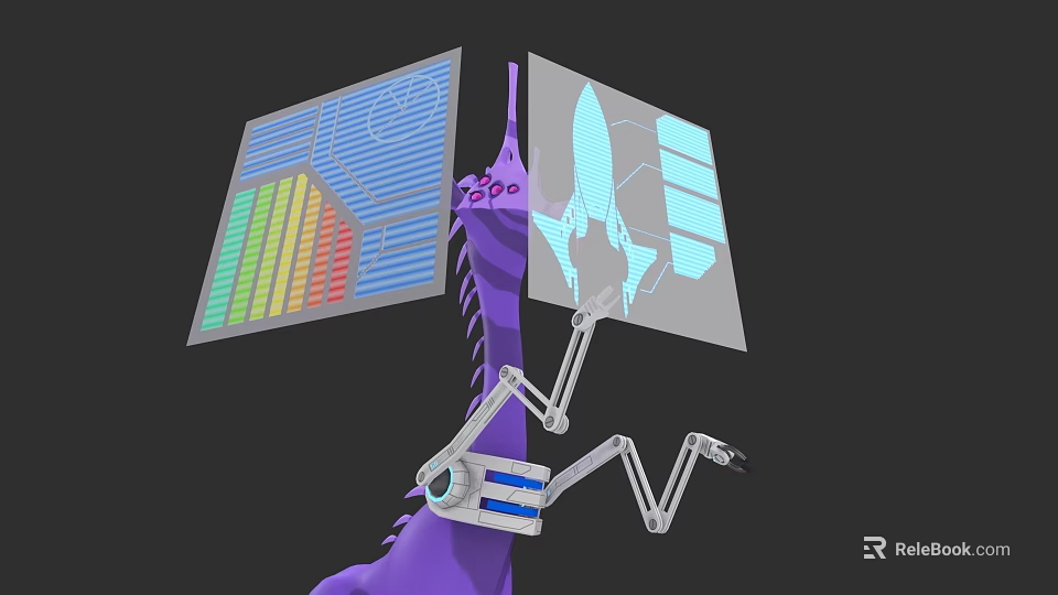 Purple Sci Fi Game Character With Mechanical Arms And Transparent Screens Showing Charts And Rocket 3d model 