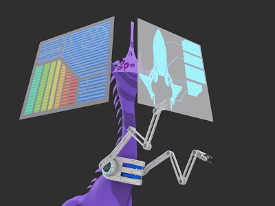 Purple Sci Fi Game Character With Mechanical Arms And Transparent Screens Showing Charts And Rocket 3d model
