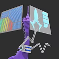 Purple Sci Fi Game Character With Mechanical Arms And Transparent Screens Showing Charts And Rocket