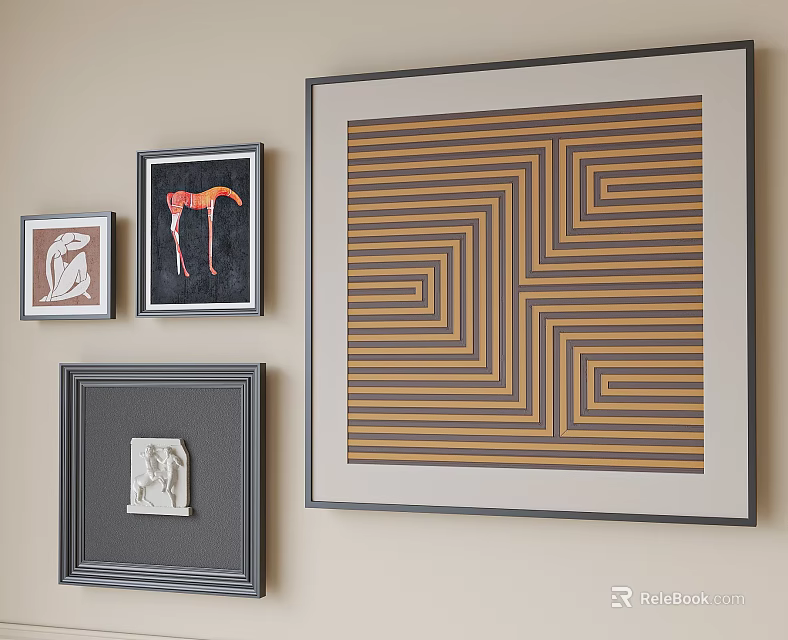 Abstract Painting With Striped Maze Pattern Framed Among Wall Art Collection 3d model