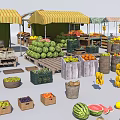 Fruit Store Displaying Multiple Stalls Yellow Striped Awnings Watermelons Lemons Oranges Wooden Crates And Baskets