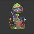 Green Carnivorous Plant with Sharp Teeth Mouth in Terracotta Pot and Snake Skull Decor